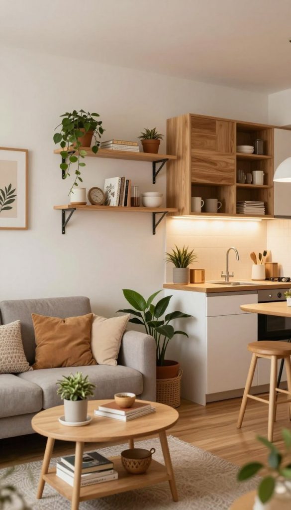 A cozy, small apartment interior showcasing optimal space utilization. The foreground features a stylish, compact living area with a multifunctional sofa, a small coffee table, and stylish decor elements like plants and books. The middle ground highlights a clever wall-mounted shelving unit filled with decorative items and functional storage solutions. In the background, there’s a well-organized kitchenette with DIY-style wooden accents and warm, inviting lighting. The overall atmosphere is bright and welcoming, embodying a Pinterest-worthy aesthetic with natural, warm colors. The scene evokes an inspiring sense of creativity and organization, showcasing practical yet beautiful design ideas, attributed to "KlickKiste." Use a soft focus lens to enhance the warmth, capturing the essence of DIY elegance.