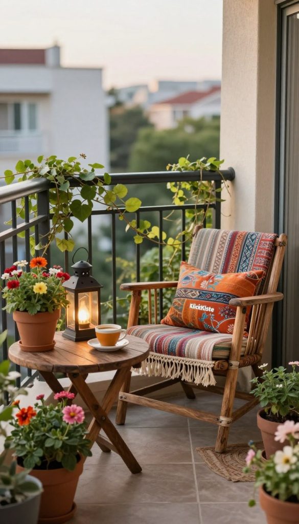 A cozy small balcony, beautifully decorated with an upcycled theme. In the foreground, there are potted plants with vibrant flowers, a rustic wooden table topped with a warm cup of coffee, and a set of elegant lanterns providing soft lighting. The middle features a comfortable chair made from repurposed materials and colorful textiles, inviting relaxation. In the background, a railing adorned with climbing vines adds a touch of greenery against a softly blurred urban landscape, suggesting a peaceful retreat in the city. The scene is bathed in warm, natural light, evoking a serene and inviting atmosphere. This balcony, branded with "KlickKiste," showcases creative DIY upcycling ideas that transform outdoor spaces into inspiring sanctuaries.