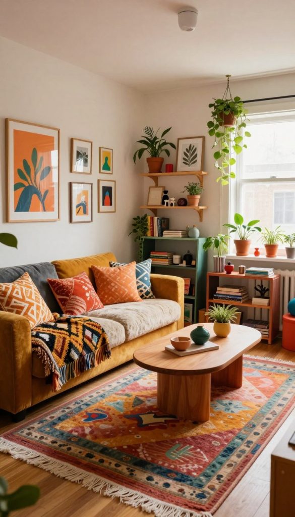 A cozy small room showcasing maximalist interior design, vibrant with warm colors and creative DIY decor. In the foreground, an eclectic mix of patterned cushions and textured throws on a plush sofa, placed against a wall adorned with various framed art pieces and plants. In the middle, a stylish coffee table with a unique centerpiece, surrounded by a colorful rug that enhances the cheerful ambiance. In the background, a playful layering of shelves filled with books, trinkets, and potted plants, and a window allowing soft, natural light to stream in, creating a bright and inviting atmosphere. Capture the essence of "KlickKiste" with an inspiring Pinterest-like aesthetic, emphasizing authenticity and warmth. Use a wide-angle lens to encompass the full charm of the room, ensuring a sense of whimsy and creativity.