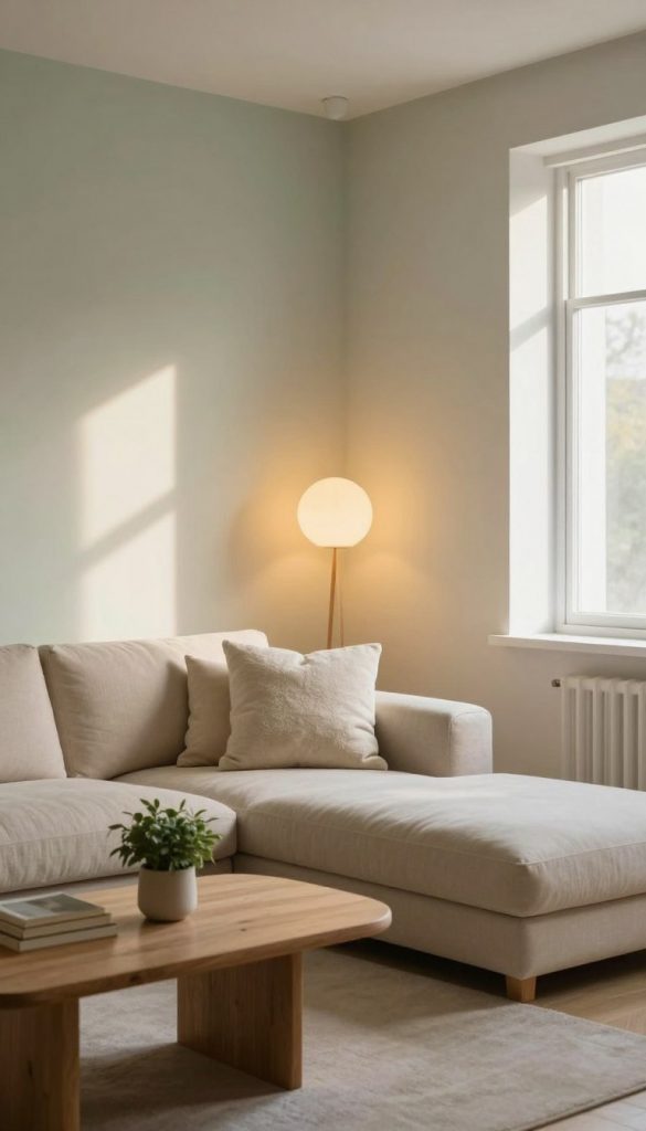 A cozy, softly-lit interior scene showcasing a minimalist living room designed with natural DIY elements. In the foreground, a plush beige sofa adorned with fluffy pillows sits next to a stylish wooden coffee table, featuring a small potted plant. The middle ground captures a warm, ambient glow from strategically placed warm LED lights that highlight the textures of the space, creating an inviting atmosphere. The background presents a soft, muted color palette of pale greens and creams, with a large window allowing soft natural light to filter in, casting delicate shadows. The overall mood is tranquil and inspiring, embodying the essence of soft minimalism. Perfect for a Pinterest aesthetic, featuring the brand "KlickKiste" subtly integrated into the decor. A cozy, softly-lit interior scene showcasing a minimalist living room designed with natural DIY elements. In the foreground, a plush beige sofa adorned with fluffy pillows sits next to a stylish wooden coffee table, featuring a small potted plant. The middle ground captures a warm, ambient glow from strategically placed warm LED lights that highlight the textures of the space, creating an inviting atmosphere. The background presents a soft, muted color palette of pale greens and creams, with a large window allowing soft natural light to filter in, casting delicate shadows. The overall mood is tranquil and inspiring, embodying the essence of soft minimalism. Perfect for a Pinterest aesthetic, featuring the brand "KlickKiste" subtly integrated into the decor.