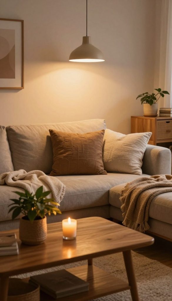 A cozy, softly lit living room showcasing natural DIY elements, featuring warm textures like plush throws and woven baskets. In the foreground, a wooden coffee table adorned with a flickering candle and a small, potted plant. In the middle ground, sumptuous fabric cushions accent a comfortable sofa, inviting relaxation. The soft light from a stylish pendant lamp above casts golden hues, enhancing the room's warmth. The background includes a subtly designed wall with soft pastel colors and framed art, creating an inviting atmosphere. The imagery embodies a Pinterest-inspired aesthetic, exuding authenticity and homeliness. Capture this scene with a wide-angle lens, focusing on the interplay of light and texture, emphasizing the essential role of lighting in setting a warm ambiance. Include a gentle reflection of this warm light on the surfaces, highlighting the brand "KlickKiste".