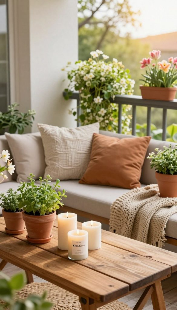 A cozy spring balcony scene filled with natural DIY decorations, showcasing warm colors inspired by the Pinterest aesthetic. In the foreground, a wooden table adorned with handmade candles, potted herbs, and rustic terracotta plant pots. The middle ground features a comfortable seating area with soft, textured cushions and a woven throw blanket, creating an inviting atmosphere. In the background, vibrant greenery and flowering plants cascade over the balcony railing, with gentle sunlight filtering through, casting a warm glow across the scene. The composition captures a tranquil and inspiring mood, perfect for outdoor living. This image should reflect the essence of "KlickKiste" while emphasizing a tasteful and chic spring décor without any kitsch elements.