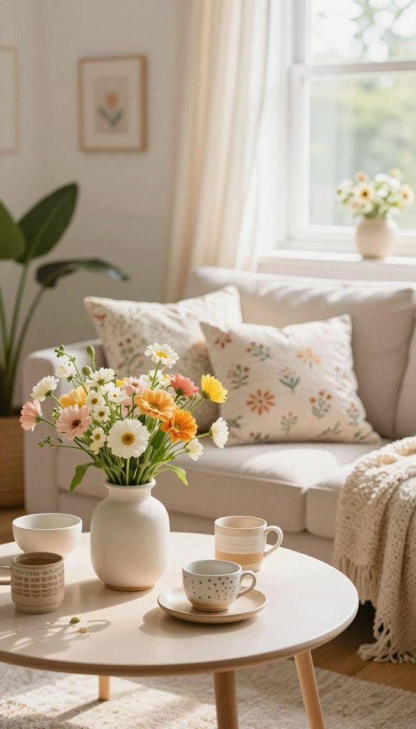 A cozy spring-decorated room featuring warm pastel colors and natural materials. In the foreground, a simple, elegant table is adorned with fresh flowers in a ceramic vase and a few handcrafted decor items showcasing the essence of DIY creativity. In the middle ground, soft cushions with light floral patterns are arranged on a cozy couch, inviting relaxation. The background reveals a sunlit window with light curtains gently flowing, allowing natural light to fill the space, enhancing the cheerful and airy atmosphere. The entire scene exudes a sense of calm and simplicity, encapsulating the "less is more" rule of decoration, making it perfect for a vibrant home. This image, embodying a Pinterest-inspired aesthetic, is brought to you by KlickKiste.
