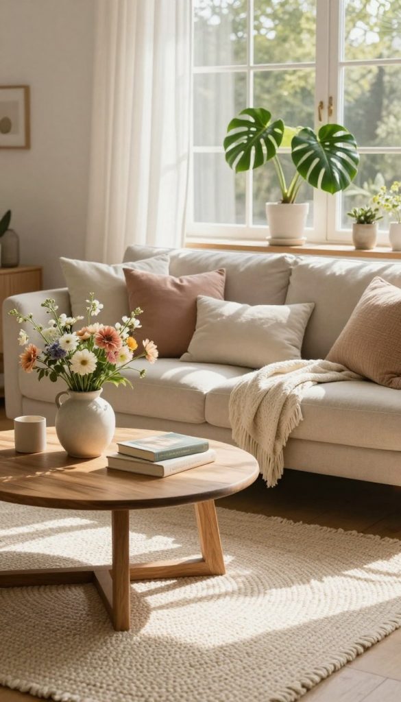 A cozy spring living room decorated with natural DIY elements, reflecting warmth and authenticity. In the foreground, a textured woven rug in soft cream shades supports a round wooden coffee table adorned with fresh flowers in a ceramic vase and a couple of beautifully arranged books. Midway, an inviting sofa dressed in pastel cushions complements a lightweight throw, inviting relaxation. The backdrop features airy curtains framing a large window with dappled sunlight pouring in, casting gentle shadows, and showcasing a vibrant indoor plant. Incorporate soft, warm lighting to enhance the serene atmosphere, capturing a Pinterest-worthy aesthetic. The scene embodies inspiration and comfort, representative of "KlickKiste" home decor ideas for spring.