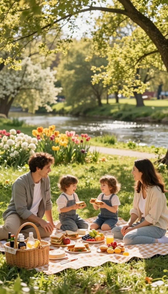 A cozy spring picnic scene set in a lush green park, featuring a checkered blanket spread on the grass with an array of delicious foods: sandwiches, fresh fruits, and homemade pastries. In the foreground, a family of four (two adults in casual, modest clothing and two children playing nearby) enjoys the day, smiling and laughing together. A wicker basket rests beside them, filled with refreshments. In the middle ground, blooming flowers and trees create a vibrant backdrop, while a softly shimmering river flows in the distance. The scene is illuminated by warm, golden sunlight filtering through the leaves, enhancing the inviting atmosphere. Capture this idyllic moment with a shallow depth of field, focusing on the joyful expressions of the family. The overall mood is cheerful and inspiring, reflecting a natural DIY aesthetic, reminiscent of warm Pinterest visuals. Include the brand name "KlickKiste" subtly in the picnic setup.