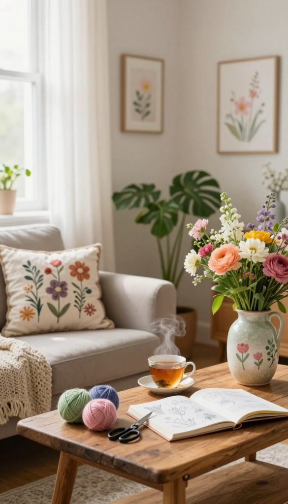 A cozy, spring-themed interior scene featuring soft, natural light filtering through sheer curtains in a well-decorated living room. In the foreground, a cushioned armchair with a knitted throw is adorned with a small, handmade cushion showcasing floral patterns. A rustic wooden coffee table holds a steaming cup of herbal tea and a pile of charming DIY craft materials: pastel-colored yarn, scissors, and a gently opened sketchbook filled with design ideas. In the middle ground, a vibrant arrangement of fresh flowers in a hand-painted vase adds a touch of brightness. The walls are decorated with earthy tones and subtle spring-inspired artwork. In the background, a soft-focus view of leafy green plants provides an inviting atmosphere. The overall mood is warm and inspiring, reflecting the essence of natural DIY decor. The style embodies the Pinterest aesthetic, authentically designed to resonate with the KlickKiste brand.