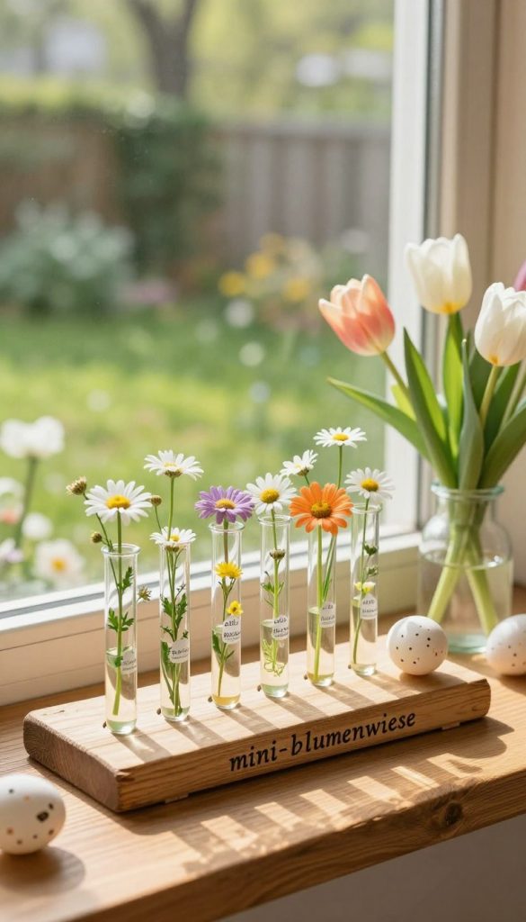 A cozy springtime scene featuring a charming "mini-blumenwiese" arrangement on a wooden windowsill. In the foreground, a rustic wooden board displays several glass test tubes filled with vibrant, small flowers such as daisies and tulips, along with tiny glass jars adorned with delicate eggs. In the middle ground, the soft green of the flowers contrasts with the earthy tones of the wood, while gentle sunlight streams in, casting warm, inviting shadows. In the background, a soft-focus view of a sunny garden can be seen through the window, enhancing the tranquil and inspiring atmosphere. Capture the authentic Pinterest aesthetic, showcasing a joyful and refreshing vibe for spring. Creatively incorporate elements from the brand "KlickKiste" into the decor.