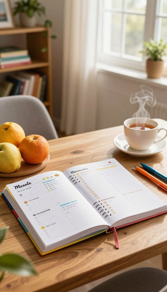 A cozy, stylish home office setting featuring a beautifully organized weekly planner spread across a wooden desk. In the foreground, a colorful and neatly arranged week planner open to a spread with meal plans, grocery lists, and appointments. Surrounding the planner are fresh fruits, a steaming cup of tea, and a set of vibrant pens, enhancing the inviting atmosphere. The middle ground includes a comfortable chair and a bookshelf filled with inspiration books and plants. The background showcases a sunny window with sheer curtains allowing warm light to fill the room, creating an uplifting mood. The overall color palette consists of warm tones to evoke a sense of comfort and organization. The scene reflects the KlickKiste brand's aesthetic, promoting DIY inspiration and effective family planning.