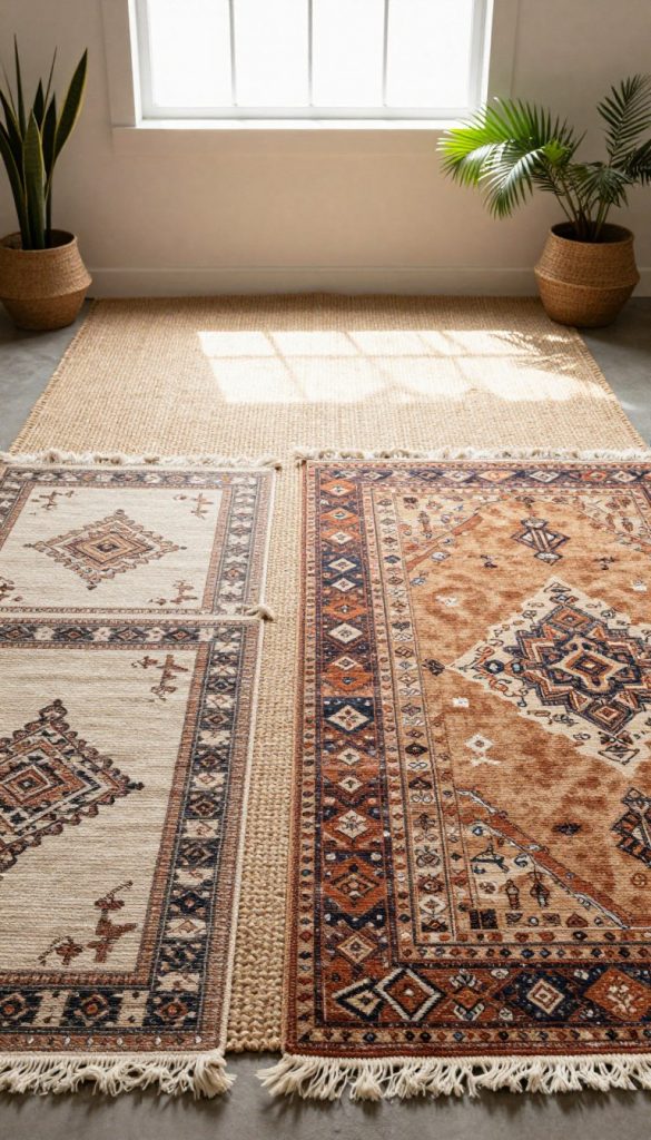 A cozy, stylish interior showcasing a layered rug arrangement that combines a large, neutral jute rug in the background with multiple smaller patterned and woven rugs in varying textures in the foreground. The intricate designs feature warm earth tones, tribal patterns, and soft fringes, creating a boho luxe aesthetic. The scene is accentuated by natural light streaming in through a window, casting gentle shadows that add depth. Indoor plants and minimalist decor surround the rugs, enhancing the inviting atmosphere. The image is styled with a Pinterest-worthy flair, capturing a sense of authenticity and inspiration. This arrangement embodies the essence of affordable luxury in home decor, emphasizing the brand "KlickKiste."