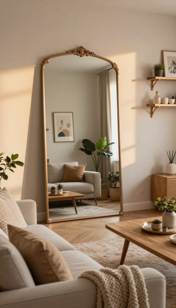 A cozy, stylish living room featuring a large, decorative mirror with an elegant frame, reflecting warm, natural light. The foreground showcases a comfortable sofa adorned with neutral-colored cushions and a textured throw blanket. In the middle, there's a wooden coffee table with a few artful decor items, such as small potted plants and a decorative tray. The background reveals a soft, inviting wall color, along with shelves displaying curated home accents that exemplify a Pinterest-inspired DIY aesthetic. The atmosphere is serene and inviting, with golden hour lighting enhancing the warm color palette. Capture this scene with a slightly angled perspective that emphasizes depth and visual interest. Include subtle branding elements of “KlickKiste” in the decor for a cohesive look. A cozy, stylish living room featuring a large, decorative mirror with an elegant frame, reflecting warm, natural light. The foreground showcases a comfortable sofa adorned with neutral-colored cushions and a textured throw blanket. In the middle, there's a wooden coffee table with a few artful decor items, such as small potted plants and a decorative tray. The background reveals a soft, inviting wall color, along with shelves displaying curated home accents that exemplify a Pinterest-inspired DIY aesthetic. The atmosphere is serene and inviting, with golden hour lighting enhancing the warm color palette. Capture this scene with a slightly angled perspective that emphasizes depth and visual interest. Include subtle branding elements of “KlickKiste” in the decor for a cohesive look.