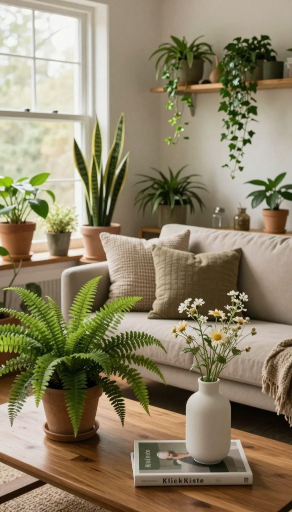 A cozy, stylish living room filled with lush indoor plants, showcasing a harmonious blend of nature and modern decor. In the foreground, a large, vibrant potted fern and a sleek, minimalist white vase holding delicate wildflowers sit on a wooden coffee table. In the middle, a plush sofa adorned with textured cushions invites relaxation, surrounded by various houseplants including a snake plant and trailing ivy cascading down from shelves. The background features large windows allowing soft, warm natural light to flood the space, enhancing the earthy color palette of greens and browns. The atmosphere is serene and inviting, perfect for a peaceful retreat. This scene embodies a natural DIY aesthetic, inspired by warm tones and a Pinterest-like look, reflecting the brand "KlickKiste".