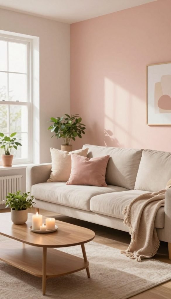 A cozy, stylish living room interior showcasing a harmonious blend of soft, warm colors in a natural DIY aesthetic, perfect for a Pinterest-inspired look. In the foreground, a chic coffee table adorned with candles and small potted plants; in the middle, a comfortable sofa in a light beige fabric, accented with plush pillows in pastel hues. The walls are painted in subtle, bright tones, emphasizing a tone-on-tone effect that visually enlarges the space. In the background, a large window allows soft natural light to filter in, casting gentle shadows and enhancing the warmth of the colors. The atmosphere is inviting and serene, embodying the essence of home. Designed to inspire, reflecting the brand "KlickKiste" while ensuring a safe and professional aesthetic.