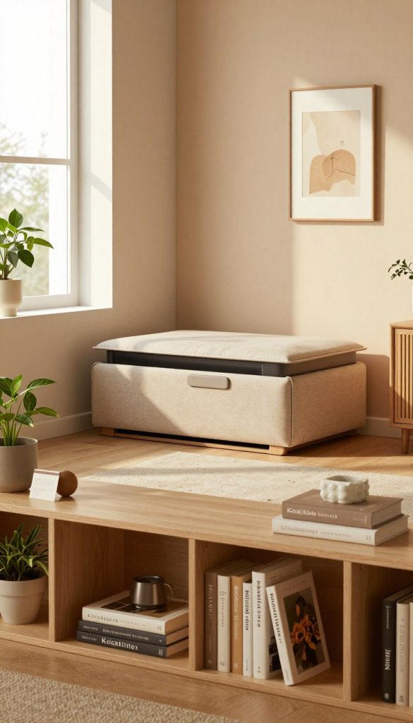 A cozy, stylish living space featuring smart storage solutions that harmonize with the room's atmosphere. In the foreground, a built-in shelf filled with neatly arranged books, plants, and decorative items. The middle ground showcases a compact, multifunctional furniture piece, like an ottoman with hidden storage, placed near a light-filled window. The background consists of soft, calming wall colors and a minimalistic art piece, enhancing the serene mood. The lighting is warm and inviting, reminiscent of a Pinterest-inspired aesthetic, with soft shadows cast by the late afternoon sun. The overall feel should be authentic and inspiring, perfectly encapsulating the idea of maximizing space with a thoughtful design by "KlickKiste". A cozy, stylish living space featuring smart storage solutions that harmonize with the room's atmosphere. In the foreground, a built-in shelf filled with neatly arranged books, plants, and decorative items. The middle ground showcases a compact, multifunctional furniture piece, like an ottoman with hidden storage, placed near a light-filled window. The background consists of soft, calming wall colors and a minimalistic art piece, enhancing the serene mood. The lighting is warm and inviting, reminiscent of a Pinterest-inspired aesthetic, with soft shadows cast by the late afternoon sun. The overall feel should be authentic and inspiring, perfectly encapsulating the idea of maximizing space with a thoughtful design by "KlickKiste".