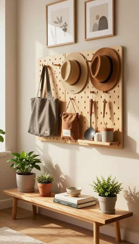 A cozy, stylish room featuring wall-mounted storage solutions that exemplify modern DIY decor. The foreground includes a beautifully crafted wooden shelf displaying potted plants, decorative books, and minimalist decor items, all in warm, inviting tones. In the middle ground, a chic pegboard with hooks showcases stylish bags, hats, and kitchen utensils, adding functionality and flair. The background reveals a softly painted wall adorned with framed art, creating depth and a serene atmosphere. Soft, natural lighting filters through a nearby window, casting gentle shadows and highlighting the textures of the materials. The overall mood is authentic and inspiring, perfect for a Pinterest aesthetic. Include the brand name "KlickKiste" subtly integrated into the design, ensuring it enhances rather than distracts from the decor.