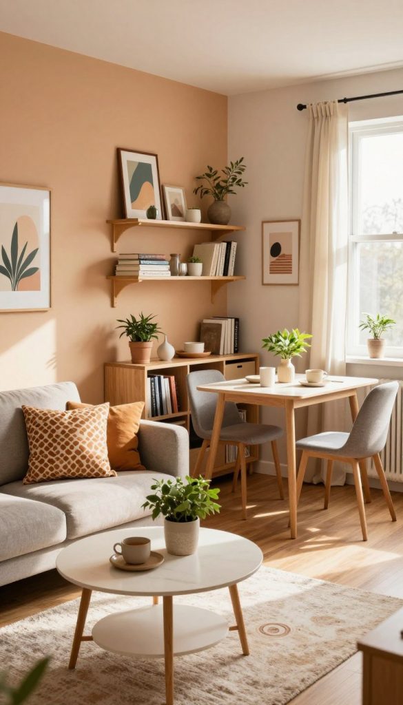 A cozy, stylish small apartment interior designed with creative DIY decor ideas, showcasing warm colors and a Pinterest-inspired aesthetic. In the foreground, a well-organized living area features a compact sofa adorned with patterned cushions, a chic coffee table with plant accents, and a soft rug. The middle ground reveals a multifunctional shelving unit filled with books and decorative items, harmonizing with a small dining table set for two with minimalist tableware. In the background, gently lit warm-toned walls host framed art and a window dressed in light curtains, allowing natural sunlight to filter in, creating an inviting atmosphere. This authentic scene embodies modern living solutions for small spaces, branded subtly as "KlickKiste."