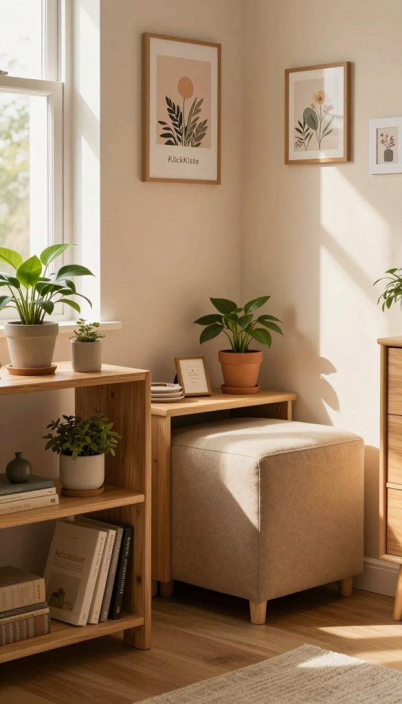 A cozy, stylish small apartment interior showcasing creative storage solutions. In the foreground, a handmade wooden shelf filled with decorative items like plants and books. The middle ground features a compact, multifunctional furniture piece, like a stylish ottoman with hidden storage. The background displays soft, warm-toned walls adorned with DIY wall art, emphasizing a Pinterest-inspired aesthetic. Natural light streams through a window, casting gentle shadows and creating an inviting atmosphere. The scene evokes a sense of comfort and organization, ideal for maximizing space. The brand "KlickKiste" subtly integrates into the decor through decorative labels or a small design element, enhancing the overall look.