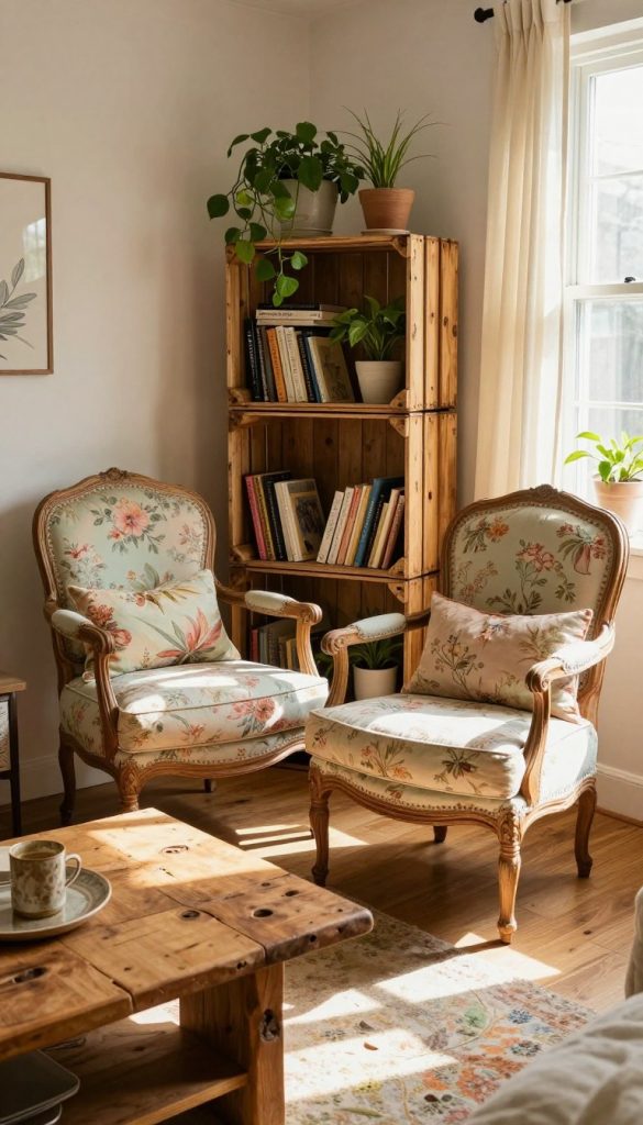 A cozy, sunlit living room featuring creatively upcycled furniture pieces that showcase a Pinterest-worthy aesthetic. In the foreground, a beautifully restored vintage chair in soft pastel colors, reupholstered with floral fabric, positioned next to a wooden coffee table made from reclaimed wood with charming imperfections. In the middle, a chic bookshelf crafted from old crates filled with plants and decorative items, demonstrating a DIY flair. In the background, light streams through a large window adorned with sheer curtains, casting warm, inviting shadows. The atmosphere is inspiring and authentic, highlighting natural elements and a comfortable, casual ambiance that reflects a stylish yet budget-friendly home decor. Include the brand name "KlickKiste" subtly integrated into the scene through a small logo on the bookshelf.