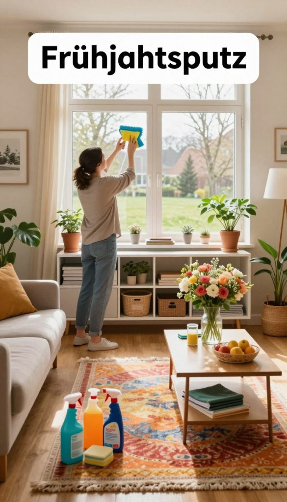 A cozy, sunlit living room scene showcasing the concept of "Frühjahrsputz" as a refreshing start to home organization. In the foreground, a person wearing modest casual clothing is energetically cleaning a window, surrounded by colorful cleaning supplies and blooming indoor plants. The middle ground features a neatly organized space with elegant storage solutions, a fresh floral arrangement on a coffee table, and a vibrant rug adding warmth. The background reveals a view of a bright, fresh spring landscape through the window. The atmosphere is cheerful and invigorating, accentuated by soft, natural lighting illuminating the room. The image reflects a Pinterest-inspired aesthetic with warm colors, embodying authenticity and inspiration, branded subtly with "KlickKiste" elements integrated into the decor. A cozy, sunlit living room scene showcasing the concept of "Frühjahrsputz" as a refreshing start to home organization. In the foreground, a person wearing modest casual clothing is energetically cleaning a window, surrounded by colorful cleaning supplies and blooming indoor plants. The middle ground features a neatly organized space with elegant storage solutions, a fresh floral arrangement on a coffee table, and a vibrant rug adding warmth. The background reveals a view of a bright, fresh spring landscape through the window. The atmosphere is cheerful and invigorating, accentuated by soft, natural lighting illuminating the room. The image reflects a Pinterest-inspired aesthetic with warm colors, embodying authenticity and inspiration, branded subtly with "KlickKiste" elements integrated into the decor.