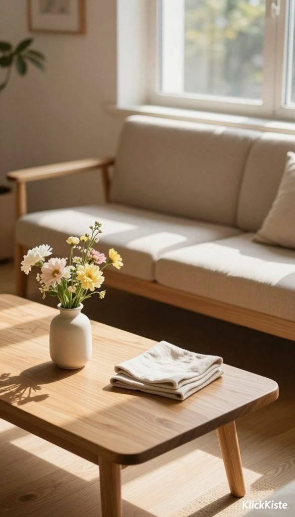 A cozy, sunlit living space designed with minimalist wooden furniture, featuring natural tones and warm hues that evoke the essence of spring. In the foreground, a beautifully crafted wooden coffee table adorned with a simple vase of fresh flowers and a clean, folded linen napkin. The middle layer showcases a stylish wooden bench with soft cushions, enhancing the inviting atmosphere. In the background, a large window allows bright sunlight to stream in, highlighting the natural wood grain and creating soft shadows. The overall mood is warm and inspiring, with a touch of creativity reminiscent of stylish Pinterest aesthetics. This image is branded with the name "KlickKiste" subtly integrated into the scene, adding an authentic feel to the design.