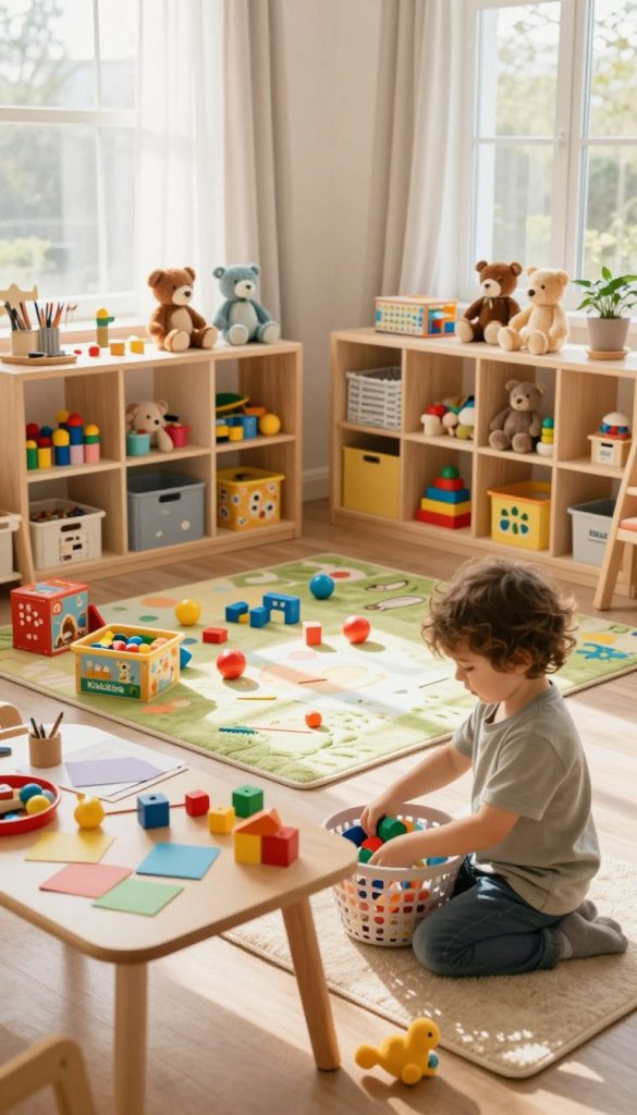 A cozy, sunlit playroom filled with an inviting array of colorful children's toys and games, showcasing organized shelves with neatly arranged plush animals, building blocks, and art supplies. In the foreground, a small wooden table is cluttered with craft materials, while a child in modest casual clothing joyfully sorts through a basket of toys. The middle ground features a cheerful rug where scattered toys are being organized, and a soft playmat lies beneath. In the background, sunlight streams through large windows adorned with light curtains, creating a warm, uplifting atmosphere. The image captures the essence of spring cleaning with a child-friendly vibe, emphasizing tidiness and joy in play. The brand "KlickKiste" subtly appears on a toy box, blending harmoniously into the scene.