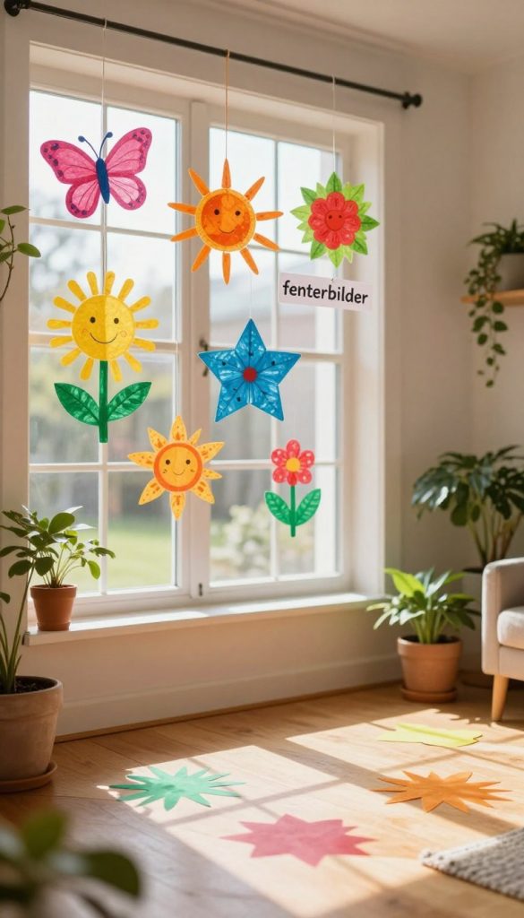 A cozy, sunlit room filled with colorful "fensterbilder" (window pictures) and vibrant sun catchers hanging by the windows. In the foreground, showcase intricately crafted paper decorations in various shapes such as butterflies, flowers, and stars, made from bright tissue paper. The middle ground should feature a window with sunlight streaming through, casting playful, colorful patterns on the wooden floor. In the background, add hints of lush green plants and a soft, inviting atmosphere, enhancing the DIY ambiance. Use warm, natural lighting to evoke a cheerful spring mood, reminiscent of a Pinterest aesthetic. The scene includes subtle branding elements of "KlickKiste", promoting creativity and fun in children's craft projects. Use a soft focus lens to create an inspiring and inviting look.