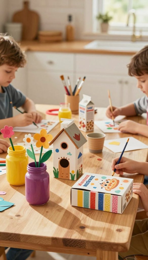 A cozy, sunlit tabletop scene featuring a variety of upcycled household items transformed into charming crafts for kids. In the foreground, colorful painted jars repurposed as flower vases, a playful birdhouse made from an old milk carton, and an intricately designed storage box from a cereal box adorned with washi tape. The middle ground showcases children engaged in crafting, wearing modest, casual clothing, surrounded by paintbrushes and craft supplies, all in a warm, inviting atmosphere. The background includes soft, blurred kitchen elements, emphasizing a homey feel, with natural light streaming in through a window, enhancing the warm colors. This is a vibrant, authentic representation of creativity, inspired by the DIY spirit of "KlickKiste."