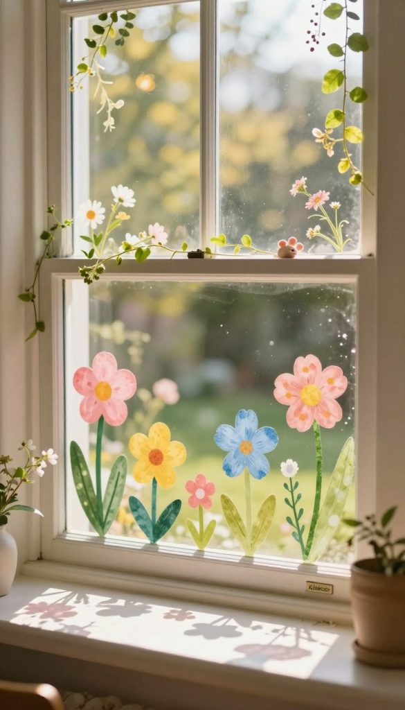 A cozy, sunlit window decorated with vibrant DIY spring flower motifs made from magical window films. In the foreground, colorful floral silhouettes in hues of pink, yellow, and blue cast whimsical shadows on the window sill. The middle layer features the window frame adorned with natural decorations, like soft green vines and delicate wildflowers. In the background, a softly blurred garden view bathed in warm, golden sunlight enhances the inviting atmosphere. The lighting is bright and cheerful, creating a joyful and inspiring mood. The scene showcases a creative and authentic Pinterest-inspired aesthetic, with an emphasis on the brand "KlickKiste," omitting any text or logos.