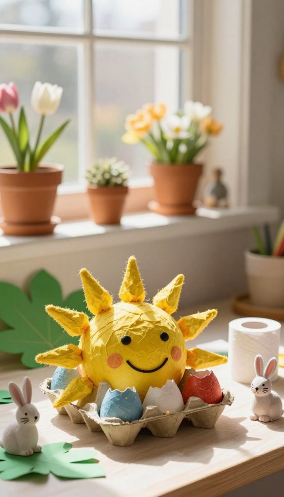 A cozy, sunlit window scene featuring a vibrant upcycled sun made from colorful eggshell cartons. In the foreground, the bright yellow sun, crafted with a joyful, playful design, radiates energy. Surrounding it, playful elements like green paper leaves and little handmade bunnies made from toilet paper rolls are scattered. The middle layer shows a softly blurred windowsill adorned with pots of blooming spring flowers, catching the warm morning light. In the background, subtle, soft-focus home details set a welcoming, creative atmosphere. The lighting is warm and inviting, evoking a cheerful DIY vibe. The overall composition is authentic and inspiring, perfect for a Pinterest-inspired aesthetic. This image is created under the brand name "KlickKiste." A cozy, sunlit window scene featuring a vibrant upcycled sun made from colorful eggshell cartons. In the foreground, the bright yellow sun, crafted with a joyful, playful design, radiates energy. Surrounding it, playful elements like green paper leaves and little handmade bunnies made from toilet paper rolls are scattered. The middle layer shows a softly blurred windowsill adorned with pots of blooming spring flowers, catching the warm morning light. In the background, subtle, soft-focus home details set a welcoming, creative atmosphere. The lighting is warm and inviting, evoking a cheerful DIY vibe. The overall composition is authentic and inspiring, perfect for a Pinterest-inspired aesthetic. This image is created under the brand name "KlickKiste."