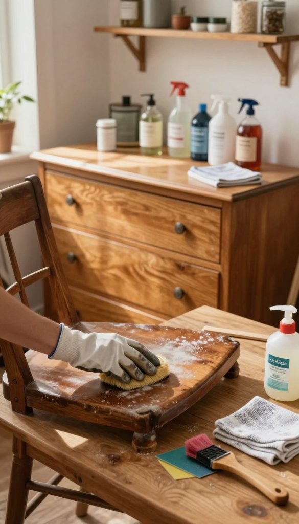 A cozy, sunlit workshop scene featuring a wooden table covered with various cleaning supplies for furniture restoration. In the foreground, a pair of hands wearing gloves diligently scrubbing the surface of an aged wooden chair, removing dust and grime. The middle ground showcases a vintage dresser, partially refinished, with its glossy surface glimmering under soft, warm lighting. Tools like sandpaper, brushes, and a clean cloth are neatly arranged around the furniture. The background reveals shelves filled with jars of natural DIY cleaning solutions and decor items that evoke a warm Pinterest-inspired atmosphere. The entire scene is inviting and inspiring, reflecting the ethos of "KlickKiste," perfect for an article on upcycling old furniture.