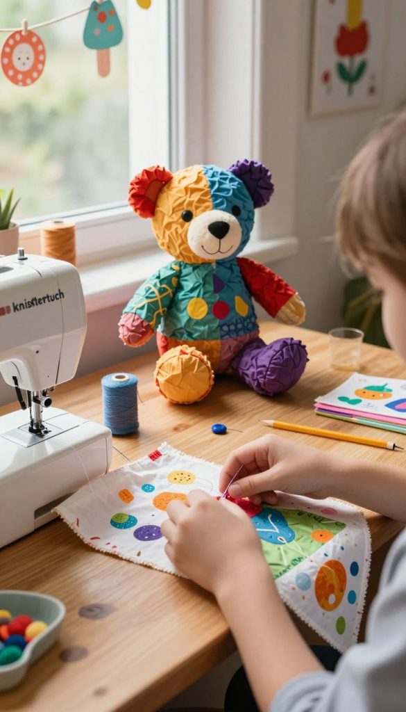 A cozy, sunlit workspace showcasing a vibrant "knistertuch" or crinkly fabric toy, beautifully arranged on a wooden table. In the foreground, there’s a pair of hands carefully sewing colorful patterns onto the fabric, with a sewing machine and various crafting tools nearby. The middle ground features a completed, finished crinkly toy, adorned with bright, inviting colors and textures appealing to children. In the background, soft natural light filters through a window, highlighting playful DIY decorations and upcycled materials, creating a warm, inviting atmosphere. The scene embodies authenticity and inspiration, reminiscent of a Pinterest aesthetic, branded with “KlickKiste” subtly integrated into the decor. The overall mood is creative and uplifting, perfect for a DIY upcycling theme.