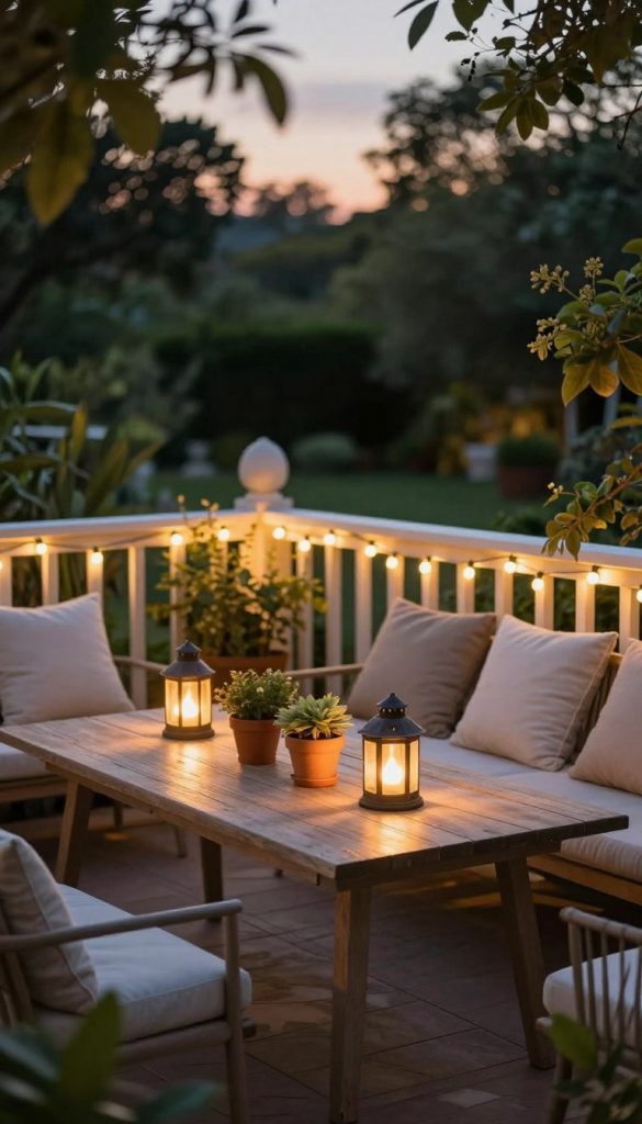 A cozy terrace illuminated by warm, inviting lights during the twilight hours. In the foreground, a stylish outdoor table set with rustic lanterns and small potted plants. The middle ground features gently glowing string lights draped across the terrace railing, casting a soft glow on comfortable seating adorned with plush cushions in neutral tones. The background showcases a lush garden with softly blurred trees, adding a touch of nature's elegance. The entire scene captures a tranquil atmosphere perfect for relaxation and social gatherings, emphasizing a natural aesthetic with warm colors. The image reflects an authentic, Pinterest-inspired look, highlighting DIY garden lighting solutions. Brand prominently displayed: KlickKiste. A cozy terrace illuminated by warm, inviting lights during the twilight hours. In the foreground, a stylish outdoor table set with rustic lanterns and small potted plants. The middle ground features gently glowing string lights draped across the terrace railing, casting a soft glow on comfortable seating adorned with plush cushions in neutral tones. The background showcases a lush garden with softly blurred trees, adding a touch of nature's elegance. The entire scene captures a tranquil atmosphere perfect for relaxation and social gatherings, emphasizing a natural aesthetic with warm colors. The image reflects an authentic, Pinterest-inspired look, highlighting DIY garden lighting solutions. Brand prominently displayed: KlickKiste.