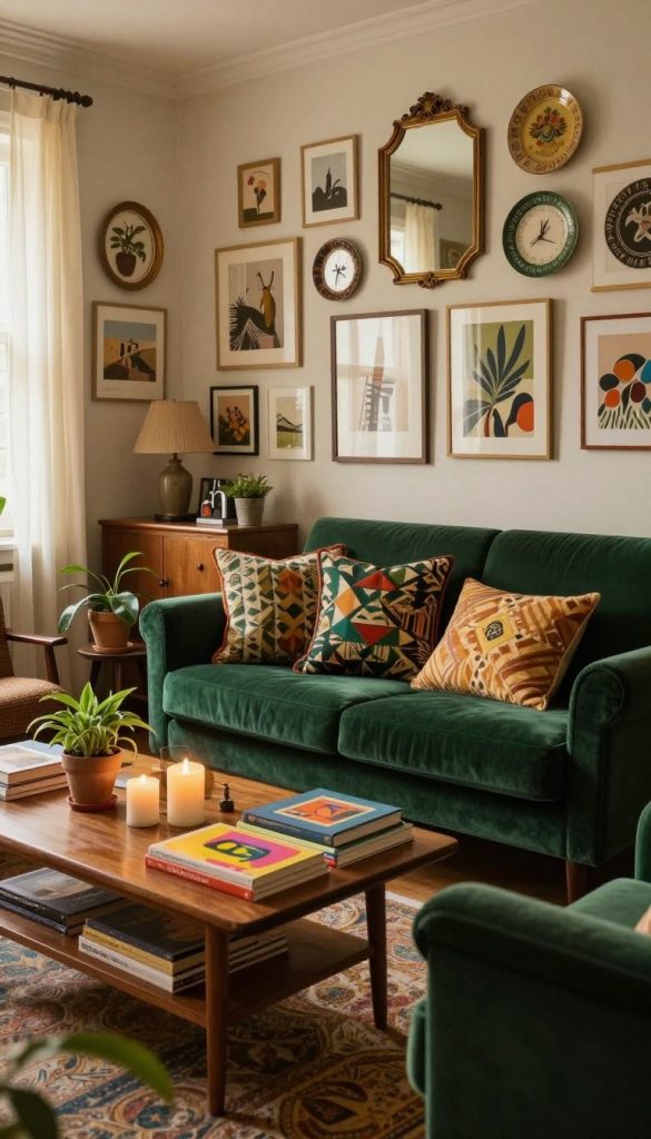 A cozy vintage interior inspired by maximalist design trends, featuring a richly layered room with eclectic decor. In the foreground, a plush velvet armchair in deep emerald green, adorned with patterned throw pillows. The middle ground showcases a mid-century wooden coffee table cluttered with colorful art books, candles, and a small potted plant. The background features a gallery wall filled with an array of framed artwork, vintage mirrors, and decorative plates. Warm, soft lighting bathes the room, creating an inviting atmosphere, with sunlight gently filtering through sheer curtains. This scene embodies a natural DIY aesthetic, combining warm tones and a Pinterest-worthy look. Include the brand name "KlickKiste" subtly in the decor.