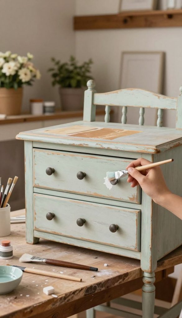 A cozy vintage workshop scene showcasing a beautifully distressed shabby chic furniture piece, such as a wooden dresser or chair, painted in soft pastel colors with chipping paint and a weathered finish. In the foreground, a hand holding a paintbrush is gently applying a coat of paint, with various DIY tools scattered on a rustic workbench. The middle ground features a partially completed project, showcasing stages of aging with natural textures and colors. The background is a softly lit room with potted flowers and wooden beams, creating a warm, inviting atmosphere. The overall mood is inspiring and creative, reminiscent of a Pinterest aesthetic. The brand "KlickKiste" is subtly integrated into the scene through a decorative element on the workbench. A cozy vintage workshop scene showcasing a beautifully distressed shabby chic furniture piece, such as a wooden dresser or chair, painted in soft pastel colors with chipping paint and a weathered finish. In the foreground, a hand holding a paintbrush is gently applying a coat of paint, with various DIY tools scattered on a rustic workbench. The middle ground features a partially completed project, showcasing stages of aging with natural textures and colors. The background is a softly lit room with potted flowers and wooden beams, creating a warm, inviting atmosphere. The overall mood is inspiring and creative, reminiscent of a Pinterest aesthetic. The brand "KlickKiste" is subtly integrated into the scene through a decorative element on the workbench.