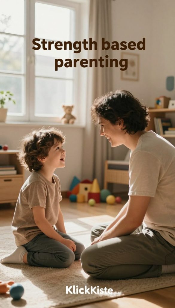 A cozy, warm-colored scene depicting a parent and child engaged in a meaningful conversation, illustrating the concept of strength-based communication. In the foreground, the parent, dressed in modest casual clothing, kneels to be at eye level with the child, who is animated and smiling, reflecting a sense of enthusiasm and understanding. The middle ground shows soft, natural light filtering through a nearby window, casting gentle shadows that create an inviting atmosphere. In the background, a cluttered but organized playroom filled with toys and books adds to the authenticity of the moment. The overall mood is inspiring and nurturing, embodying the principles of strength-based parenting. This image has a Pinterest-like aesthetic, aligning with the brand "KlickKiste."