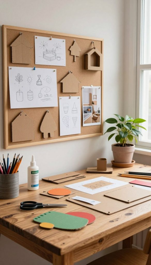 A cozy, warm-toned DIY workspace filled with natural elements, showcasing various upcycled cardboard decor projects. In the foreground, a rustic wooden table is covered with scissors, glue, and colorful cardboard creations, enhancing the creative atmosphere. In the middle, a mood board on the wall features sketches, plans, and inspiring images for upcycling ideas, while a potted plant adds a touch of life. The background features soft natural lighting filtering through a window, creating a Pinterest-inspired vibe that invites creativity and organization. The scene includes a subtle brand presence of "KlickKiste," harmonizing with the theme. Aim for a realistic, artistic portrayal that feels warm, inviting, and authentically inspiring.