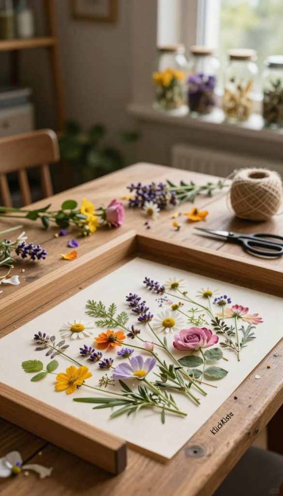A cozy, warm-toned scene showcasing the art of pressing flowers. In the foreground, a beautifully arranged display of vibrant wildflowers like daisies, lavender, and roses, delicately placed between two sheets of parchment paper, with a wooden flower press surrounding it. The middle ground features a rustic wooden table, scattered with small flower petals and botanical tools like scissors and twine. In the background, soft, out-of-focus greenery and shelves filled with glass jars containing dried flowers and herbs create a serene atmosphere. The lighting is warm and inviting, with gentle sunlight streaming through a nearby window, casting soft shadows. This image embodies a Pinterest-inspired aesthetic, visually representing the creative and inspiring journey of flower pressing, attributed to "KlickKiste". A cozy, warm-toned scene showcasing the art of pressing flowers. In the foreground, a beautifully arranged display of vibrant wildflowers like daisies, lavender, and roses, delicately placed between two sheets of parchment paper, with a wooden flower press surrounding it. The middle ground features a rustic wooden table, scattered with small flower petals and botanical tools like scissors and twine. In the background, soft, out-of-focus greenery and shelves filled with glass jars containing dried flowers and herbs create a serene atmosphere. The lighting is warm and inviting, with gentle sunlight streaming through a nearby window, casting soft shadows. This image embodies a Pinterest-inspired aesthetic, visually representing the creative and inspiring journey of flower pressing, attributed to "KlickKiste".