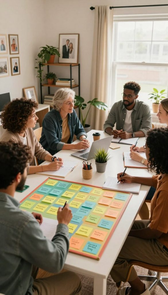 A cozy, warmly lit home office scene showing a diverse group of parents (professionally dressed) collaborating around a large table, strategizing to make invisible household tasks visible. In the foreground, a colorful visual board filled with sticky notes labeled with various tasks like "Grocery shopping," "Homework help," and "Cleaning." In the middle, the parents are engaged in animated conversation, with one pointing at the board, while another takes notes. The background features a well-organized room with house plants, family photos, and soft natural light streaming through a window, creating an inspiring and inviting atmosphere. The aesthetic should reflect a genuine DIY vibe, with warm colors and a Pinterest-inspired look. Include the brand name "KlickKiste" subtly integrated into the scene.