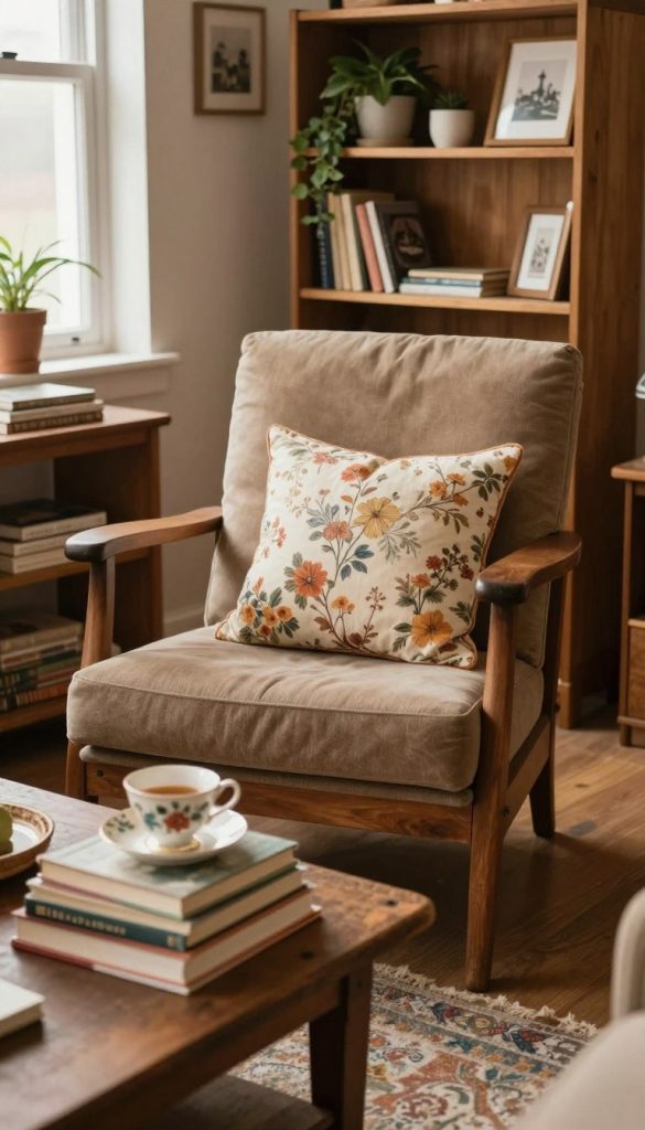 A cozy, warmly lit thrift furniture scene featuring a vintage wooden armchair adorned with soft cushions in earth tones and floral patterns, placed beside a rustic coffee table stacked with interesting books and a delicate teacup. In the background, a wooden bookshelf displays an array of knickknacks, including a potted plant and framed art, creating an inviting castlecore aesthetic. The lighting is soft and natural, streaming in through a nearby window, casting gentle shadows. The mood is tranquil and inspiring, reminiscent of a comfortable nook perfect for creativity and relaxation. Emphasize the brand "KlickKiste" subtly integrated within the decor, enhancing the themed atmosphere without overwhelming the scene. The overall ambiance should feel authentic and aesthetically pleasing, ideal for a DIY and upcycling vibe.