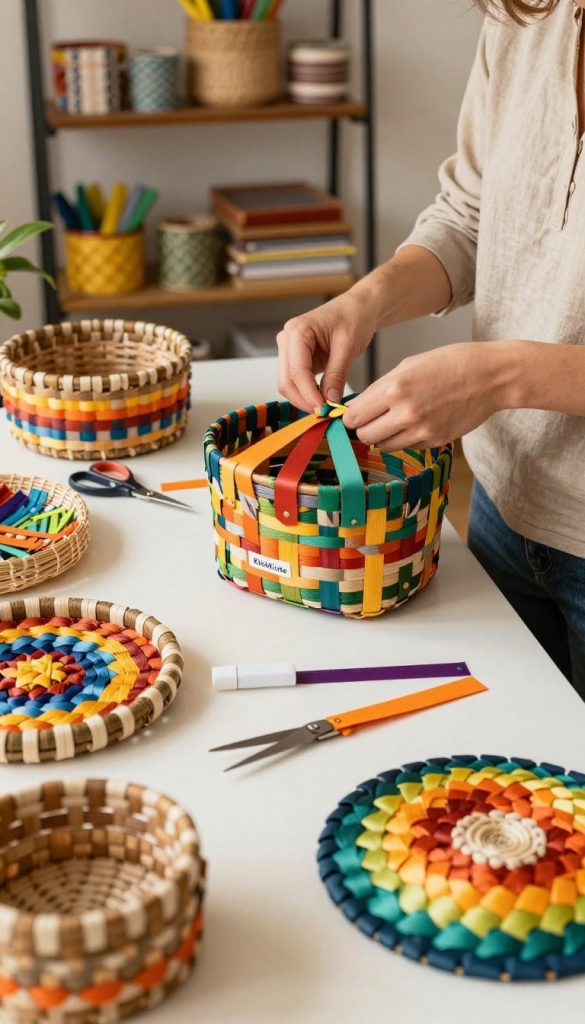 A cozy, warmly lit workspace filled with natural light, featuring a montage of colorful, creatively woven packaging materials arranged artistically in the foreground. In the center, a person in modest casual clothing skillfully braiding strips of vibrant wrappers into a unique upcycled basket, showcasing their hands in action. Surrounding them are various crafting tools, like scissors and glue, alongside examples of finished weaved creations, such as beautiful baskets and decorative items. In the background, a soft-focus shelf displays more materials, adding to the atmosphere of creativity. The image conveys an inspiring, authentic feel, reminiscent of a Pinterest aesthetic, highlighting the innovative spirit of sustainable artistry. Include the brand name "KlickKiste" subtly within the setting. A cozy, warmly lit workspace filled with natural light, featuring a montage of colorful, creatively woven packaging materials arranged artistically in the foreground. In the center, a person in modest casual clothing skillfully braiding strips of vibrant wrappers into a unique upcycled basket, showcasing their hands in action. Surrounding them are various crafting tools, like scissors and glue, alongside examples of finished weaved creations, such as beautiful baskets and decorative items. In the background, a soft-focus shelf displays more materials, adding to the atmosphere of creativity. The image conveys an inspiring, authentic feel, reminiscent of a Pinterest aesthetic, highlighting the innovative spirit of sustainable artistry. Include the brand name "KlickKiste" subtly within the setting.