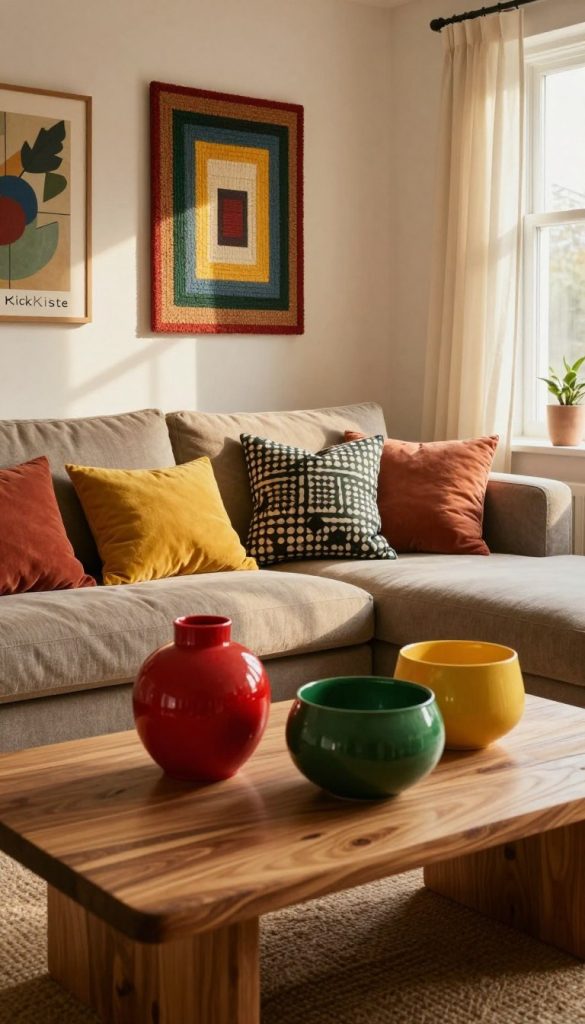 A cozy, welcoming interior space showcasing a Mix & Match style with a captivating color palette. In the foreground, a beautifully arranged coffee table features vibrant decorative items in warm colors—rich reds, soft yellows, and deep greens, complemented by natural wood textures. In the middle, a stylish sofa with an eclectic array of mixed-pattern cushions adds personality, while a DIY wall art piece creates an inspiring focal point. The background reveals a sunlit window with sheer curtains, bathing the scene in warm, natural light, enhancing the inviting atmosphere. Incorporate soft shadows for depth and a slight vignette effect to draw attention to the details, while conveying a sense of authenticity inspired by Pinterest aesthetics. Highlight the brand name "KlickKiste" subtly within the design elements, ensuring a cohesive and inspiring visual narrative.