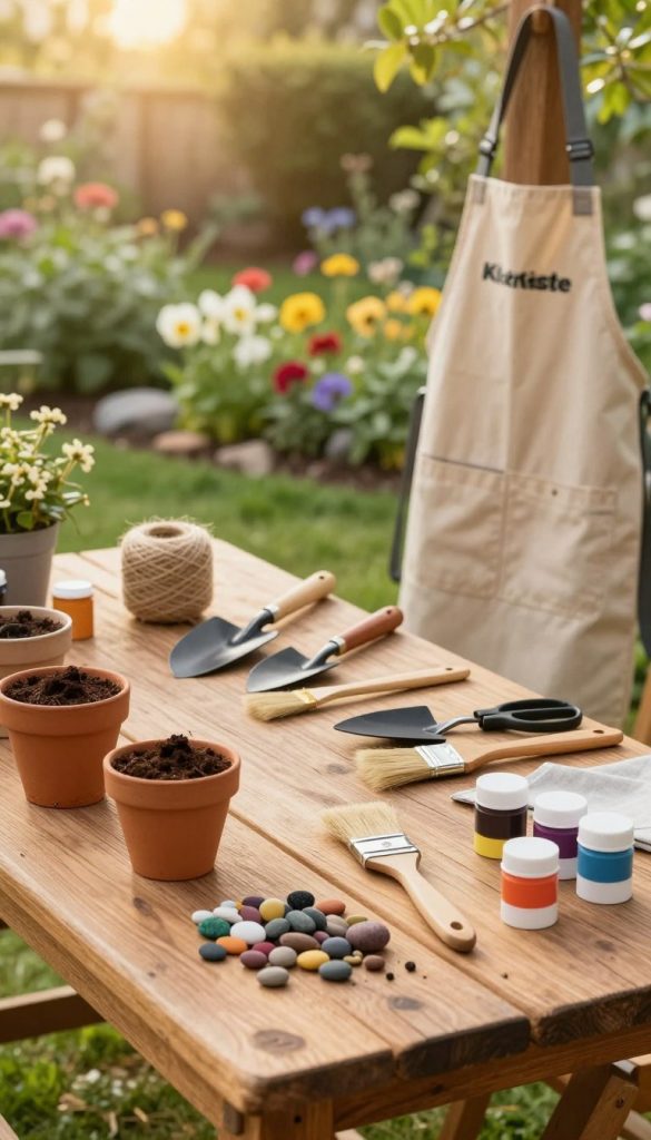 A cozy, well-arranged DIY garden workspace showcasing an array of materials and tools for crafting a garden path decoration. In the foreground, a rustic wooden table displays pots of soil, colorful pebbles, natural twine, and an assortment of paint colors in warm, inviting tones. The middle ground features neatly organized tools like a trowel, a paintbrush, scissors, and a gardening apron from the brand "KlickKiste". The background reveals a lush garden filled with blooming flowers and greenery, under soft, golden sunlight to create a serene atmosphere. The overall mood is authentic and inspiring, reminiscent of Pinterest aesthetics, with a focus on natural elements and harmonious colors. A cozy, well-arranged DIY garden workspace showcasing an array of materials and tools for crafting a garden path decoration. In the foreground, a rustic wooden table displays pots of soil, colorful pebbles, natural twine, and an assortment of paint colors in warm, inviting tones. The middle ground features neatly organized tools like a trowel, a paintbrush, scissors, and a gardening apron from the brand "KlickKiste". The background reveals a lush garden filled with blooming flowers and greenery, under soft, golden sunlight to create a serene atmosphere. The overall mood is authentic and inspiring, reminiscent of Pinterest aesthetics, with a focus on natural elements and harmonious colors.
