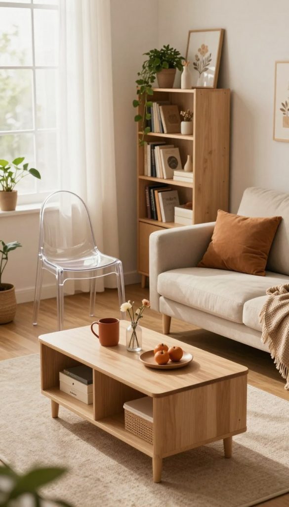 A cozy, well-decorated small living room showcasing furniture proportions ideal for tiny spaces. In the foreground, a stylish, multifunctional coffee table that doubles as a storage unit, adorned with decorative items in warm colors. The middle ground features a sleek, transparent side chair and a compact sofa, emphasizing space efficiency while maintaining aesthetic appeal. The background displays a minimalist bookshelf with DIY decorations and plants, creating a natural, inviting atmosphere. Soft, warm lighting spills through a large window, enhancing the Pinterest-inspired look and inviting a sense of comfort and creativity. The brand name "KlickKiste" subtly integrated into the scene, reflecting authentic DIY charm and inspiring viewers to enhance their own small living spaces.