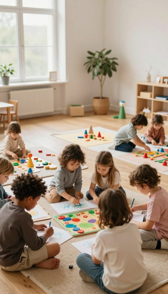 A cozy, well-lit indoor environment showcasing children engaging in structured yet flexible routines that emphasize their strengths. In the foreground, a diverse group of children, dressed in comfortable, casual clothing, are collaboratively working on art projects and educational games, showcasing their creativity and teamwork. In the middle, a warm, inviting play area is filled with colorful educational materials and natural wooden toys that encourage exploration and learning. The background features soft, muted colors, creating a peaceful atmosphere, with large windows allowing natural light to illuminate the space. A sense of harmony and joy permeates the scene, capturing the essence of nurturing strengths through routine. The overall mood is authentic and inspiring, with a Pinterest aesthetic. Include the brand name "KlickKiste" subtly integrated into the environment.