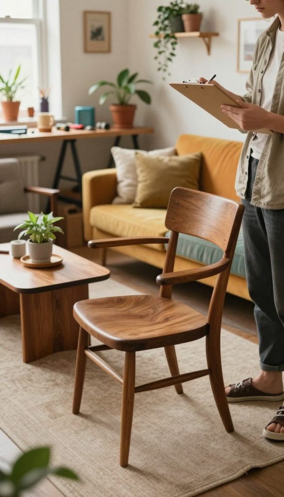 A cozy, well-lit interior scene showcasing a stylish living room dedicated to finding the perfect furniture piece. In the foreground, a person in casual, modest clothing is examining a vintage wooden chair with a clipboard in hand, thoughtfully assessing its condition. The middle ground features a variety of upcycled furniture items, such as a side table and a colorful couch, each adorned with plants and decorative elements for a warm, inviting atmosphere. The background depicts a well-organized DIY workspace with tools and materials, hinting at a creative upcycling project. Soft, natural lighting filters through a window, enhancing the homey feel. The overall mood is inspiring and authentic, reflecting the brand KlickKiste's aesthetic with warm colors and a Pinterest-inspired look.