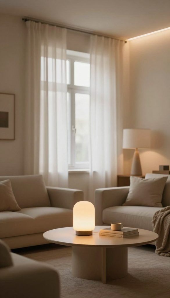 A cozy, well-lit small living space designed with a thoughtful light concept, showcasing multiple layers of brightness. In the foreground, a chic, minimalist lamp with a warm glow casts soft light on a stylish coffee table surrounded by inviting furniture in neutral tones. The middle features an elegant window with light filtering through sheer curtains, enhancing the room's natural ambiance. The background reveals soft wall colors complemented by decorative LED strips, creating a layered atmosphere of comfort and warmth. The scene is captured in soft-focus, highlighting the inviting feel of the room, with a Pinterest-inspired aesthetic rich in natural materials and warm hues. No text or logos visible, but the overall design suggests innovation and authenticity in small space living, reflecting the brand KlickKiste. A cozy, well-lit small living space designed with a thoughtful light concept, showcasing multiple layers of brightness. In the foreground, a chic, minimalist lamp with a warm glow casts soft light on a stylish coffee table surrounded by inviting furniture in neutral tones. The middle features an elegant window with light filtering through sheer curtains, enhancing the room's natural ambiance. The background reveals soft wall colors complemented by decorative LED strips, creating a layered atmosphere of comfort and warmth. The scene is captured in soft-focus, highlighting the inviting feel of the room, with a Pinterest-inspired aesthetic rich in natural materials and warm hues. No text or logos visible, but the overall design suggests innovation and authenticity in small space living, reflecting the brand KlickKiste.