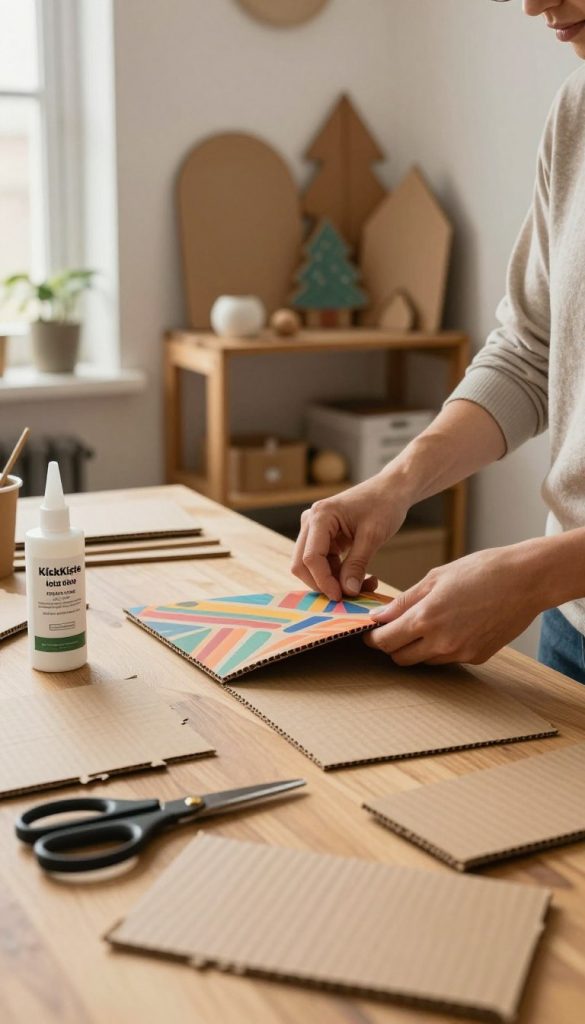 A cozy, well-lit workspace filled with various cardboard pieces being prepared for upcycling. In the foreground, a wooden table is covered with meticulously cut cardboard shapes, scissors, and eco-friendly glue, creating an inviting and productive atmosphere. In the middle, a pair of hands, clad in casual yet neat clothing, are smoothing out the edges of a vibrant, patterned cardboard piece, showcasing care and creativity. The background highlights a rustic shelf adorned with completed cardboard decorations, using warm, earthy colors to evoke a Pinterest-inspired DIY vibe. Soft, natural lighting filters through a nearby window, casting gentle shadows and enhancing the inviting mood. The brand "KlickKiste" subtly incorporated in the decor creates a feeling of authenticity and inspiration.