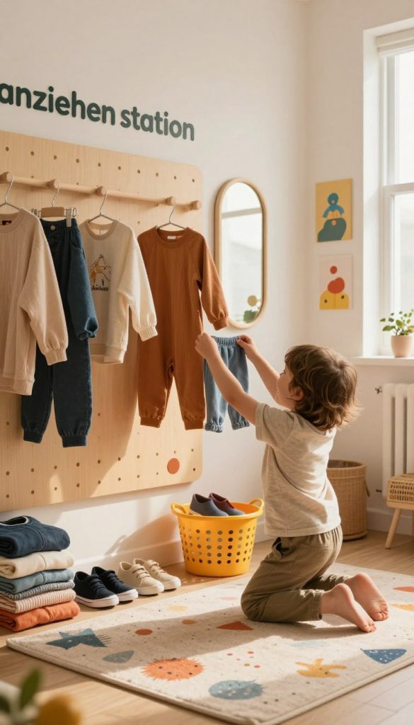 A cozy, well-organized "anziehen station" designed for children, featuring a colorful pegboard adorned with hooks for hanging clothes, a small mirror at the child's height, and a vibrant basket for shoes. In the foreground, a happy child in modest casual clothing is excitedly picking out their outfit, surrounded by neatly folded clothes in warm, inviting tones. The middle ground showcases a soft rug with playful patterns, and a wall adorned with cheerful artwork. The background includes a window, allowing warm sunlight to filter in, illuminating the space with a gentle glow. The overall atmosphere is inspiring and nurturing, reflecting DIY creativity and independence, perfect for encouraging children's self-sufficiency. The brand name "KlickKiste" subtly integrated into the design elements. Capture this scene with a warm, natural lighting effect, in a wide-angle perspective.
