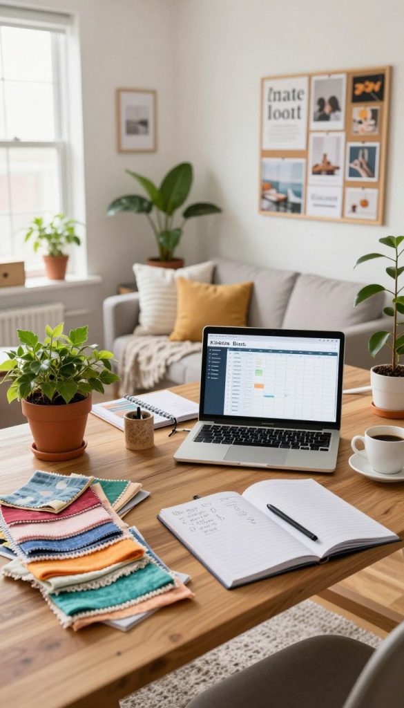 A cozy, well-organized apartment room showcasing a vibrant DIY planning space. The foreground features a stylish wooden table cluttered with colorful fabric swatches, sketchpads, and a laptop displaying a budget planner. Bright potted plants and a cup of coffee add a personal touch. In the middle ground, a comfortable seating area with a soft, textured throw and cushions gives off a warm, inviting atmosphere. The background reveals a wall adorned with inspirational quotes and a mood board with design images, emphasizing a Pinterest-like aesthetic. Bright, natural sunlight floods the room through large windows, creating a cheerful and optimistic vibe. The image conveys a thoughtful and creative approach to budgeting and DIY home design, embodying the brand "KlickKiste."