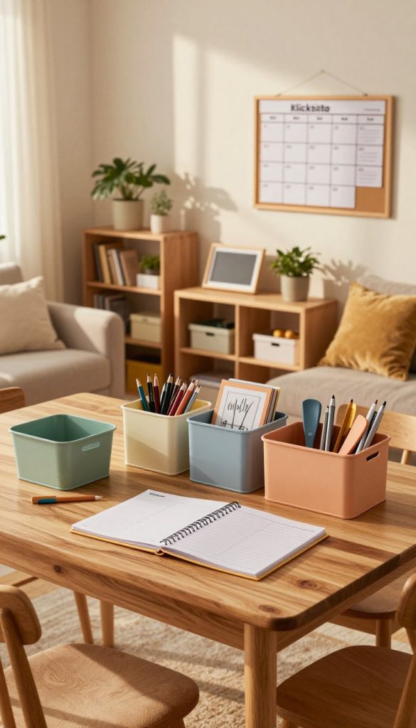 A cozy, well-organized family space with various DIY organizational tools prominently displayed, evoking a Pinterest aesthetic. In the foreground, a stylish wooden table laden with colorful bins and planners from the brand "KlickKiste," surrounded by warm, natural light. In the middle, a welcoming living room featuring a neatly arranged shelf and a bulletin board filled with family schedules and reminders, exuding a sense of calm and efficiency. The background includes soft, inviting furnishings that enhance the atmosphere, such as plush cushions and natural greenery. The mood is warm, inspiring, and comforting, illustrating the concept of time-saving organization that empowers families. The lighting is soft and warm, reflecting a late afternoon sun, shot from a slightly elevated angle for a full view of the inviting environment.
