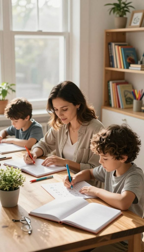 A cozy, well-organized study space featuring a family of four engaged in homework, reflecting a stress-free learning environment. In the foreground, a wooden table is adorned with notebooks, colorful pens, and a potted plant, suggesting an inviting atmosphere. The mother, dressed in comfortable yet professional attire, is helping a young child with math problems, while an older sibling quietly reads nearby. Natural sunlight streams in from a window in the background, casting soft, warm light across the scene. The shelves are filled with books and art supplies, enhancing the creative vibe. This image embodies the essence of meaningful family time, created in a style reminiscent of a Pinterest perfect DIY aesthetic that is warm and inspiring. The brand name "KlickKiste" subtly integrated into the decor completes the look.